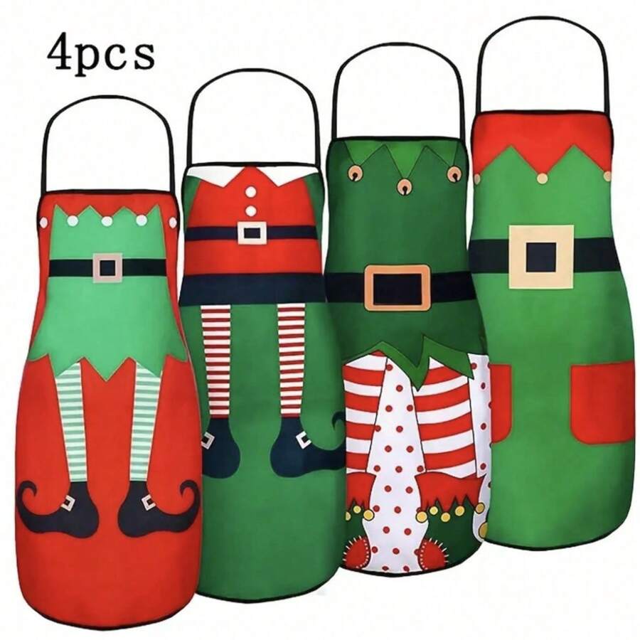 4件套圣诞围裙、可爱厨房烹饪围裙、圣诞精灵圣诞老人雪人围裙、可调节厨房烹饪围裙、趣味女式厨师围裙