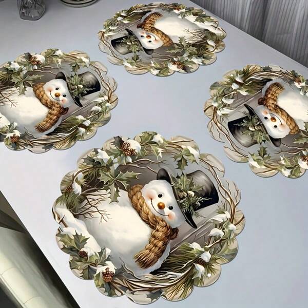 6pcs/4pcs/1pc Christmas Party Decoration Round Placemats, Snowman Wearing Black Hat Pattern Design - 15 Inches In Diameter, Linen Material, Non-Slip, Heat-Resistant, Machine Washable, Holiday Party Decoration Round Placemats, Party Kitchen Restaurant Decorations, Suitable For Christmas Table Decoration, Party, Christmas Decoration, Christmas Decorations For Home