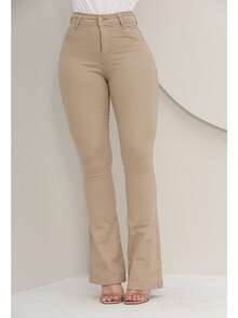 Women's Flare Jeans, High Waist, Bell Bottom - 卡其色 - 查看 6