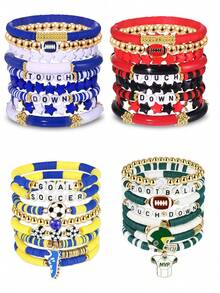 9pcs/Set Stackable Elastic Bracelets For Women, Sports Soft Ceramic & Beaded Soccer Fan Jewelry, Suitable For Daily And Sports Use (Bead And Soft Ceramic Colors Random - No Card Paper)