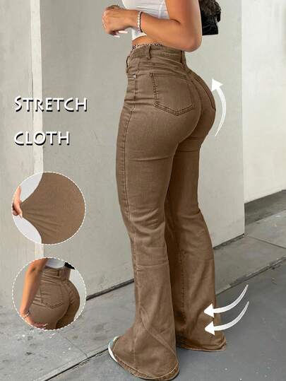 New Khaki Y2K Flare Leg Women's Jeans - High Waist, Slim Fit, Stretch, Elegant, Fashionable, Casual, Versatile, Back-To-School Street Style, 2000s Fashion, Autumn & Winter Clothing, Retro Apparel, Perfect For Halloween And Christmas Outfits