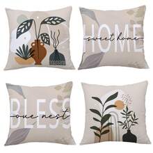 4 件极简主义抽象波西米亚叶几何“祝福之家”抱枕套，单面印花桃色天鹅绒，45*45/50*50/40*40 厘米靠垫套适用于现代简约沙发客厅装饰、礼品、派对装饰 - 彩色 - 查看 10
