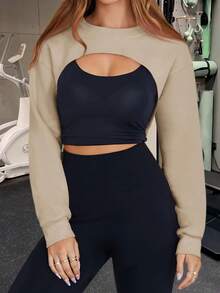 Womens Cropped Sweatshirt Shrug Long Sleeve Workout Gym Cover Up Bolero Y2K Super Crop Tops - Khaki - View 2