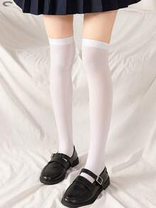 2 Pairs Women Solid Color Velvet Over-The-Knee Socks, Sexy Black & White Thigh High Socks, Essential For Daily Outfit - Black and White - View 7