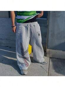 Men's Y2k High Street Sports Double-Waisted Sweatpants Printed Embroidered Street Casual Straight Trousers - Xám - Xem 2