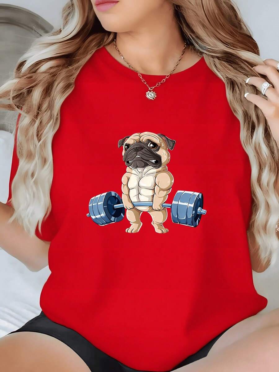 Camiseta Perro Pug Levantando Pesas 1 unidad de Camisa de T 100% algodón para Mujer Regalo Divertido Para Fanáticas Fitness Y Animales Camisa de T con Estampado Digital 220 Gramos Moda Casual Confortable - Rojo - Ver 1
