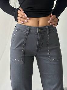 Stone Patterned Wide Leg Women's Trousers - Volcanic Gray - View 2