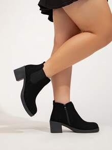 秋冬季加大码女式侧拉链黑色休闲高跟厚底切尔西靴 - 黑色 - 查看 9