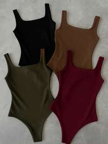 Kit 4 Bory Bodi Leotard Tank Top Thick Strap Casual Second Skin Fashion Women's Female P M G GG - 綠色/酒紅色/棕色/黑色 - 查看 1