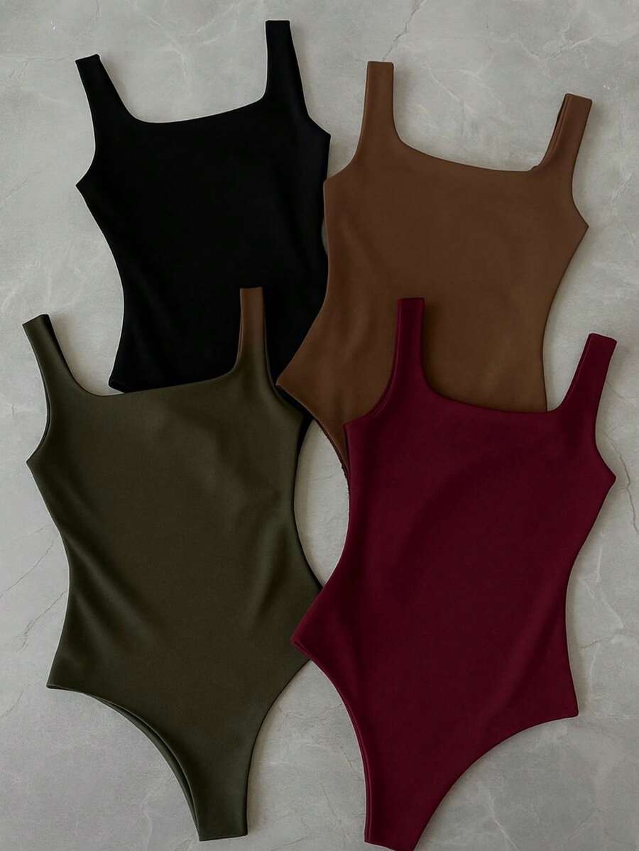 Kit 4 Bory Bodi Leotard Tank Top Thick Strap Casual Second Skin Fashion Women's Female P M G GG - 綠色/酒紅色/棕色/黑色 - 查看 1