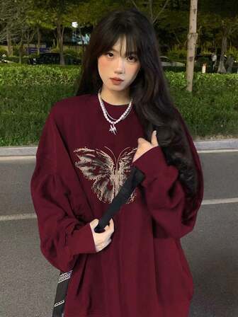 Burgundy Round Neck Sweatshirt For Women, Vintage Casual Loose Fit, Butterfly Print Long Sleeve Top, Autumn/Winter