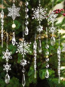 Lot de 10 ornements de Noël en cristal pour la décoration du sapin de Noël - Flocons de neige et glaçons en acrylique bleu clair avec pendentifs pour les décorations de fête du Nouvel An