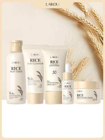  5 件套抗氧化 LAIKOU 大米护肤套装，SPF 50+ 防晒霜、保湿爽肤水、平滑面霜、无刺激洗面奶、抗衰老面部精华紧致护肤套装送给妈妈的礼物面部护理 SPA
