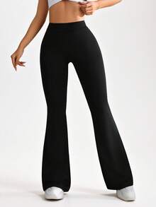 SHEIN Sports Women's Solid Color Ruched Flare Leg Casual Fitness Yoga Pants - Black - View 6