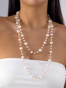 1pc Minimalist Personalized Faux Pearl Beaded Long Chain Necklace, Ins Style CCB Beads Clavicle Chain For Women, Suitable For Party, Gift, Commute, Daily Wear - White - View 3