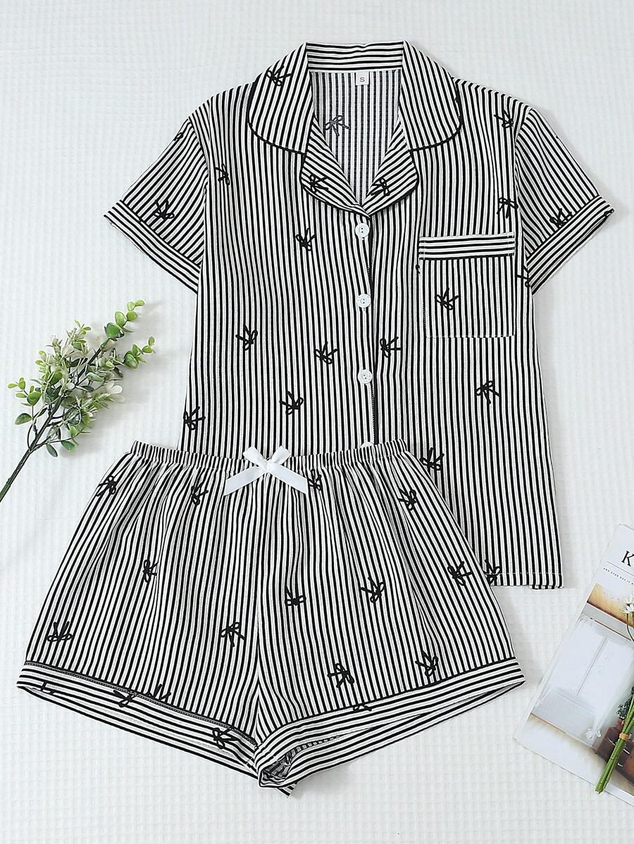 2pcs Comfortable Blue Striped Heart Collar Button Short Sleeve Top With Pocket And Bow Shorts Pajama Set, Suitable For Home Wear, Spring/Summer - Black - View 1