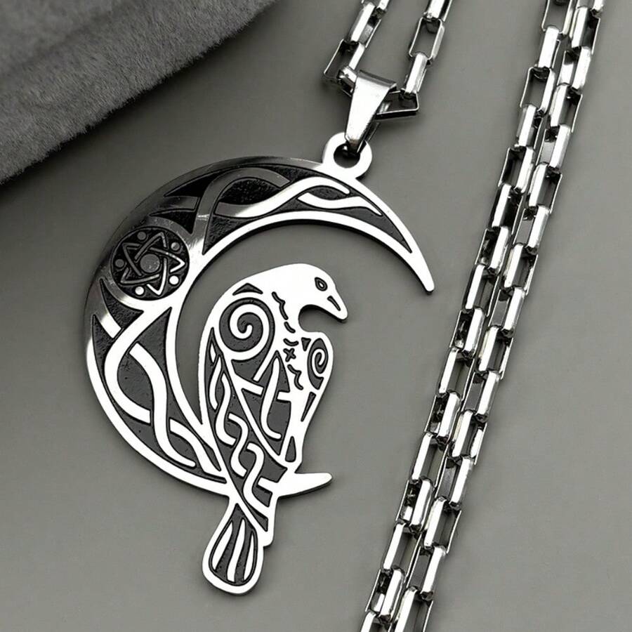 Celtic Style Bird And Crescent Moon Box Chain Pendant Necklace In Silver Color For Women Men Fashion Jewelry - Necklace - View 1
