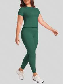 Plus Size Women's Sports Short-Sleeved Trousers Suit Comfortable Yoga Suit - Green - View 4