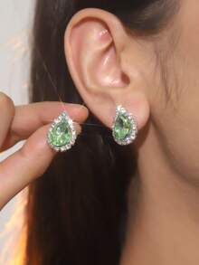 復古淚滴水晶水鑽耳環釘狀首飾適合女士1對 - 銀色 - 查看 13