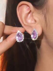 復古淚滴水晶水鑽耳環釘狀首飾適合女士1對 - 銀色 - 查看 9