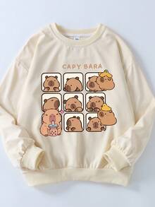 少女长袖圆领套头衫，饰有“水豚”印花图案，秋冬季 - 杏色 - 查看 7