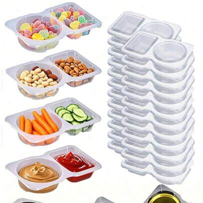 1/10/20 件便携式双隔层调味品容器 - 可重复使用的塑料酱料和蘸酱托盘、带盖多功能蘸酱杯、沙拉酱外带容器、双隔层调味盒、双隔层零食外带酱料容器、返校季、万圣节、旅行零食和酱料、海滩零食、圣诞节、万圣节、母亲节、美国独立日、派对、生日派对、聚会