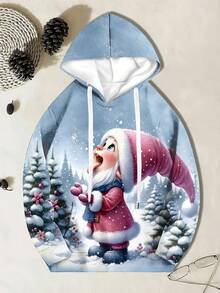 Plus Size Women Christmas Print Pocket Drawstring Hooded Sweatshirt - Blue - View 3