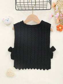 Girls' Round Neck Knitted Solid Color Pullover Sweater Vest With Side Bow Design, Suitable For Spring, Summer, Autumn - Black - View 7