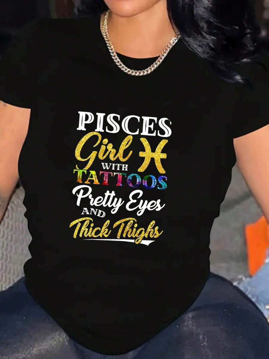 Oversized Women's Casual T-Shirt With Pisces Girl With Tattoos Pretty Eyes And Thick Thighs Print - Perfect For Daily Wear, Festivals, And Parties - Fast Arrival - màu đen - Xem 1