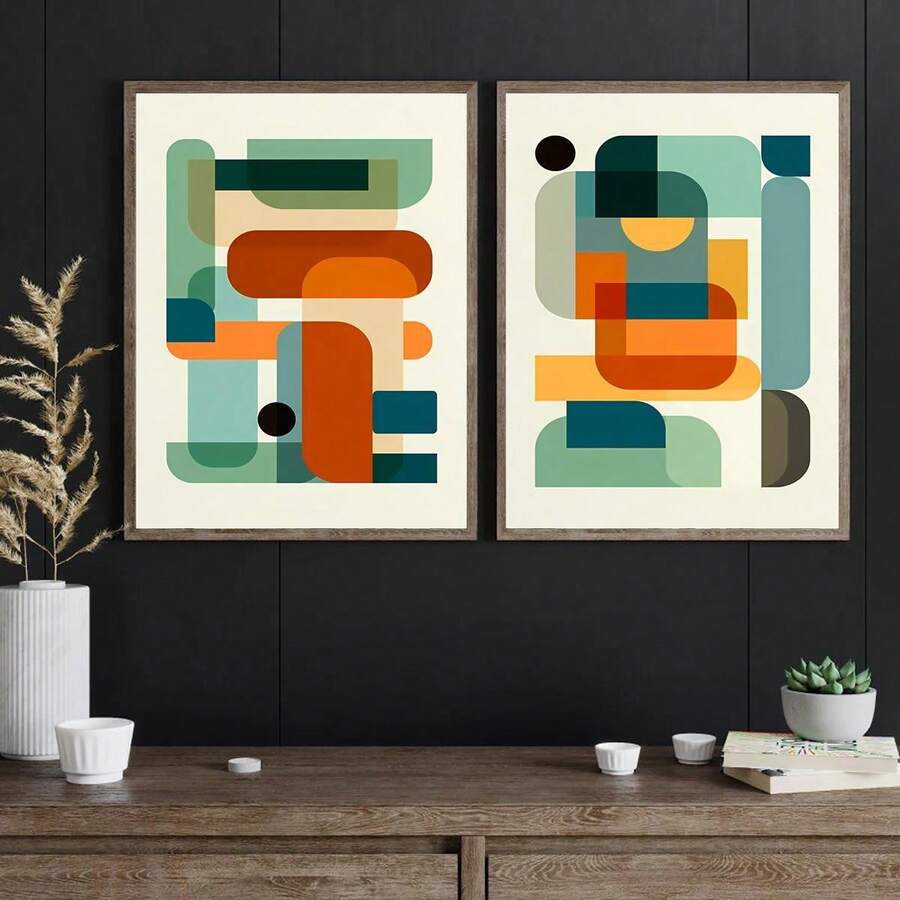 2 Stücke Set mit farbenfrohen geometrischen Kunstdrucken auf Leinwand – moderne abstrakte Wanddekoration aus der Mitte des Jahrhunderts, für Wohnzimmer, Schlafzimmer, Büro und Wohnheim, Blöcke, Poster, Café, Bar - Verschiedenfarbig - Übersicht 1