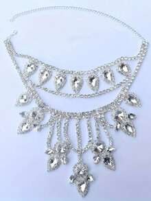 1pc Bohemian Bling White Crystal Rhinestone Maxi Necklace, Luxury Women's Formal Dress Accessory, Fashion Necklace - 銀色 - 查看 2