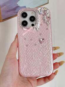 Snake Snakeskin Texture Bow Rhinestone Stacked Phone Case Compatible With Iphone 16, New Compatible With Iphone 17 Case, Shockproof Cover Compatible With Iphone 16 Pro Max, Compatible With Iphone 15 Pro Max, Compatible With Iphone 13, 14, 12, 11 Plus, Pink - Pink - View 4