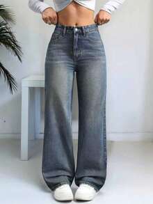 Straight Leg Loose Casual Jeans With Pockets, Versatile For Teenage Girls - Medium Wash - View 1