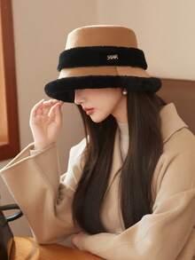 1pc Women's Autumn/Winter Plush Patchwork Bucket Hat, Warm Thermal Lined, Windproof, Ear Protection, Suitable For Daily Wear Winter Warm