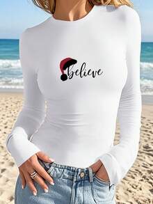1pc Believe Letter Christmas Hat Graphic Print Women's Round Neck Long Sleeve Slim Fit T-Shirt, Soft Stretchy Fabric Elegant Versatile Top, Vintage Y2K Fashion, Cozy Fall & Back To School Layering Top, Ideal For Holiday Party & Daily Wear - 白色 - 查看 3
