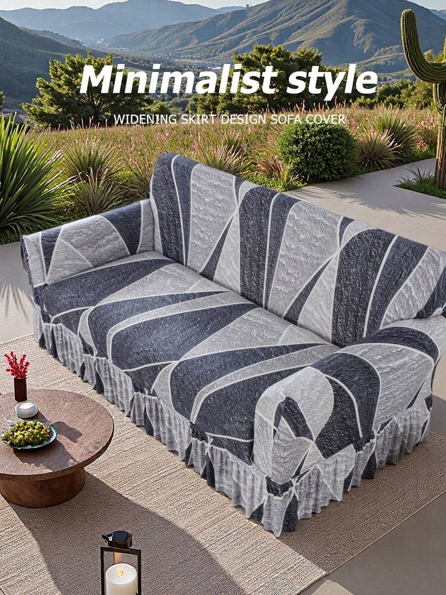 1pc Ruffled Stretch Sofa Cover, Soft & Comfortable, Printed Stretch Furniture Protector, Multiple Sizes Available - Grey - View 1