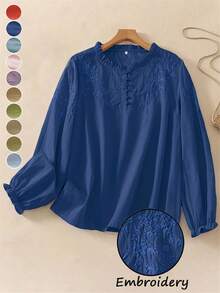 Women's Embroidered Loose Retro Long Sleeve Blouse Top, Suitable For Autumn - Navy Blue - View 12