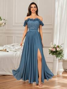 女士夸张荷叶边蕾丝撞色单肩雪纺露背正式伴娘奢华晚会礼服夏秋冬婚礼活动度假节万圣节圣诞新年长款舞会礼服生日女装 - 霧霾藍 - 查看 8