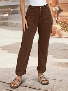Celana Jeans Wanita Ukuran Besar Model Lurus dengan Kantong, Kasual Sehari-hari Serbaguna, Pinggang Sedang, Pinggang Elastis, Model Mom Jeans Musim Semi dan Gugur - Coffee Brown - View 2