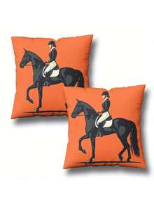 2 Stück modische & bequeme Kissenbezüge mit einfacher Vektorillustration eines Reiters auf einem schwarzen Pferd, geeignet als Geschenk und Heimdekoration