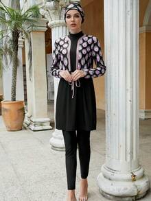 VFJ Women Muslim Swimwear Islamic Modest Swimsuit 3 Pieces Full Cover Hijab Long Sleeve Burkini Top Dress + Pants