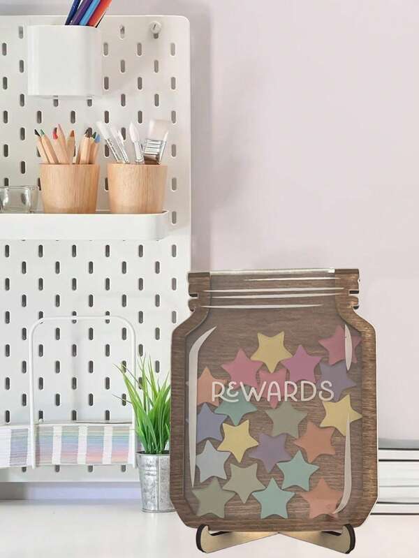 Frasco de recompensa de aprendizaje para niños de diseño de madera y acrílico de 17,4 * 13,6 * 1,1 cm con 2 capas - Herramienta de incentivo creativa con estrella, botella transparente sellada con 20 accesorios de estrella, ayuda a los niños a desarrollar autodisciplina y comportamiento positivo, regalo perfecto, "RECOMPENSAS" marcado en el frasco para involucrar a los niños y cultivar buenos hábitos, práctico y divertido