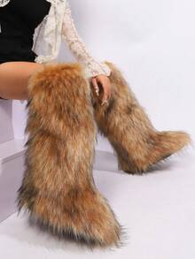 New Winter Warm Plush Faux Fur Snow Boots In Black And Brown Ankle Length, With Soft Lining And Comfortable One Foot Design, Suitable For Outdoor And Indoor Wear In Cold Weather. Men's And Women's Couple Snow Boots, Christmas And Halloween Fashion Outdoor Warm Boots, Faux Fur Long Fur Floor Boots, Classic And Versatile Snow Boots For Women, Black Knee High Boots - 棕色 - 查看 1