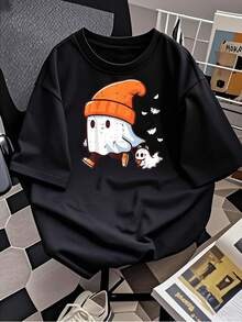 Bonita camiseta con estampado de fantasmas y espeluznantes para mujer. Luce esta divertida camiseta gráfica con comodidad. Un atuendo inspirado en Halloween. Una prenda informal para los amantes de la temporada de terror. Una opción de moda linda y moderna. Talla extragrande. - Negro - Ver 2