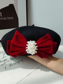 1 chiếc mũ nồi len pha trộn nơ thanh lịch có nơ, ngày lễ tình nhân mùa thu/đông - màu đen - Xem 4