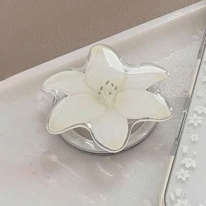White Lily Flower Magnetic Phone Case Stand, Expandable Portable Minimalist Phone Holder Bracket Compatible With IPhone, Android Phone, Gift For Birthday, Family, Friends Push-Pull Phone Grip Phone Accessories
