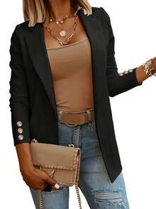 [Polyester Women's Blazer] 100% Polyester Women's Blazer With Striped Cuff Detail | Regular Fit, Single Button Closure, Long Sleeves | Perfect For Spring & Fall Casual Or Semi-Formal Wear - Black - View 2