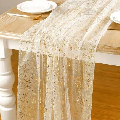 1PC 27.56x157.48inch Table Runner, Gold Glitter Wedding Table Runner, Mesh Gold Foil Wedding Table And Chair Decoration, Party Decoration(Multiple Sizes Available)