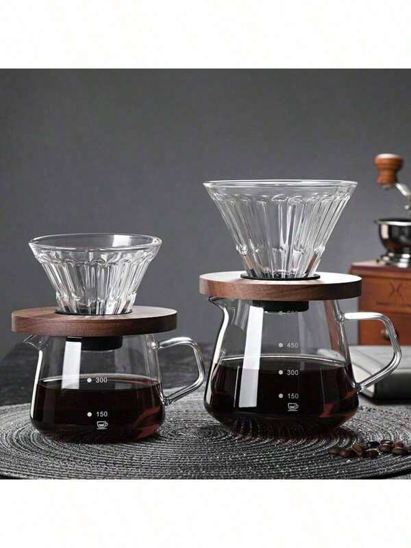 1 pièce Cafetière en verre à partager, ensemble à café comprenant un entonnoir à café en verre, un filtre à café, un support en bois de noyer, une tasse-filtre en silicone