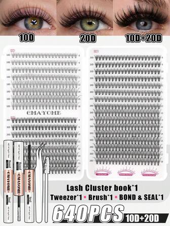 CMAYOME 640 Sets Of D-Shaped Curled False Eyelashes (10D, 20D, 30D, 40D, 50D, 60D, 80D, 100D), With Light And Thick Lashes (Length Ranging From 10 To 16 Millimeters), Blending Different Degrees Of Adhesion With Real Eyelashes. Lightweight And Water-Resistantlash Clusters Kit,Lashes,Eyelashes,Fake Lashes